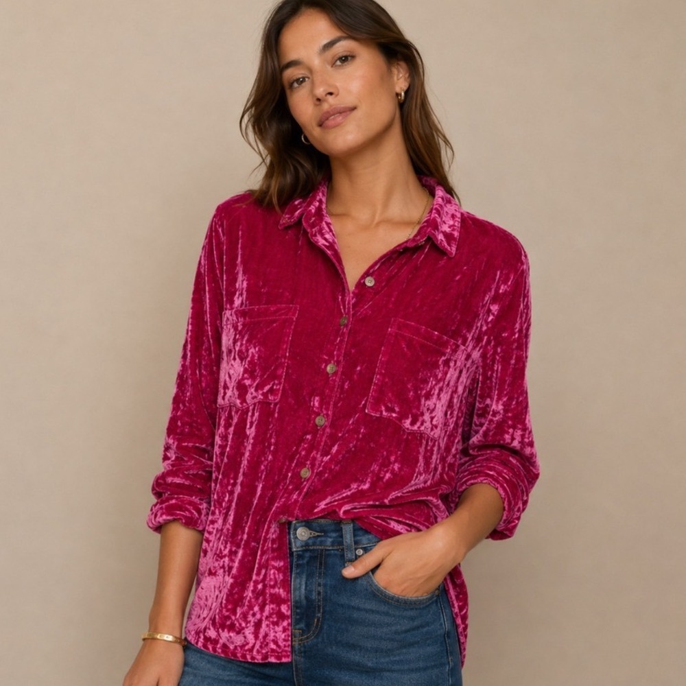 Anthropologie Pilcro Velvet Button Down Long Sleeve Shirt Hot Pink 4